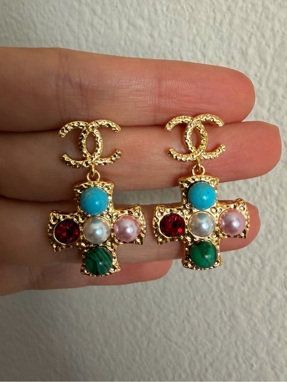 💖CHANEL Gold Cross Drop Earrings with Turquoise, Green, Red and Pink Accents💚❤️🩵 - Picture 3 of 9